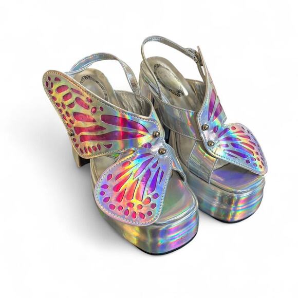 CHUNKY SILVER IRRIDESCENT BUTTERFLY SANDALS FESTIVAL HEELS SIZE 5. - Picture 2 of 8